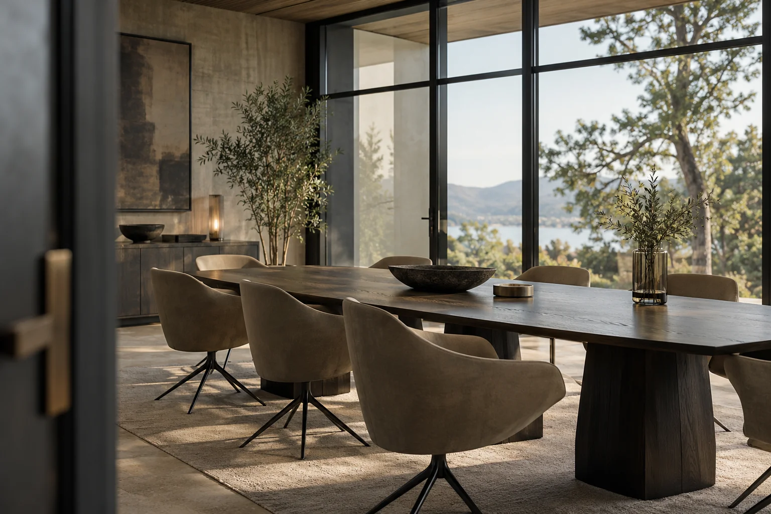 Espace de réunion contemporain ouvert sur les arbres