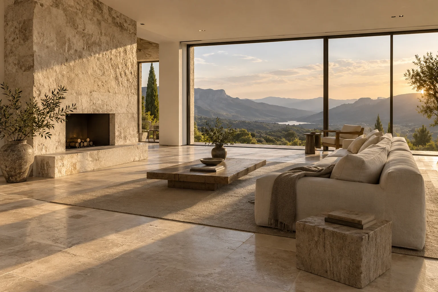 Intérieur en pierre naturelle avec vue sur les montagnes